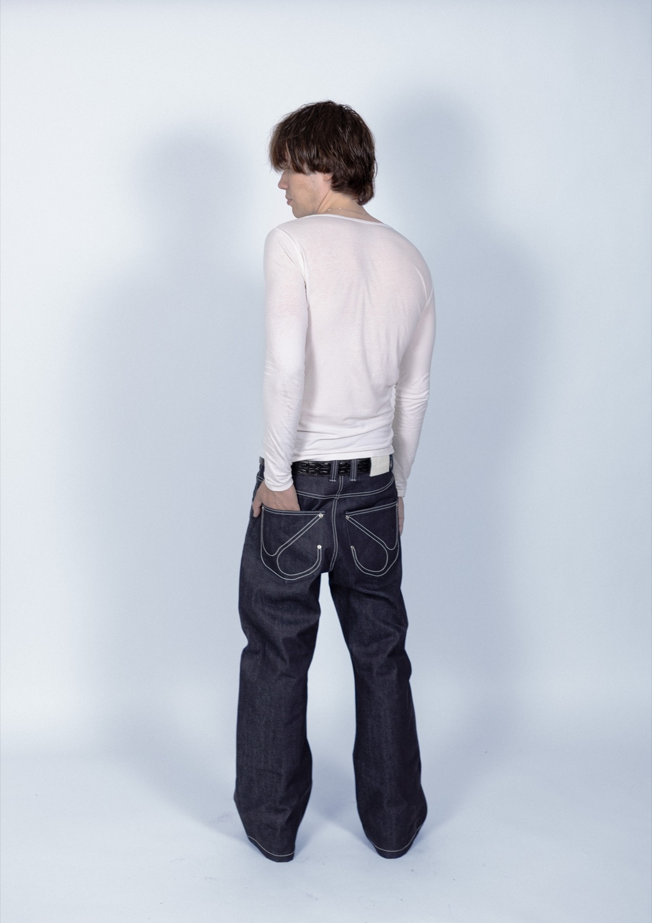 Lorimer selvedge denim shown from the back